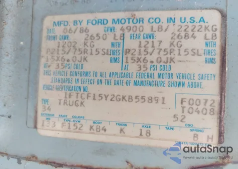 1986 Ford F150 из США, поврежденный, VIN 1FTCF15Y2GKB55891